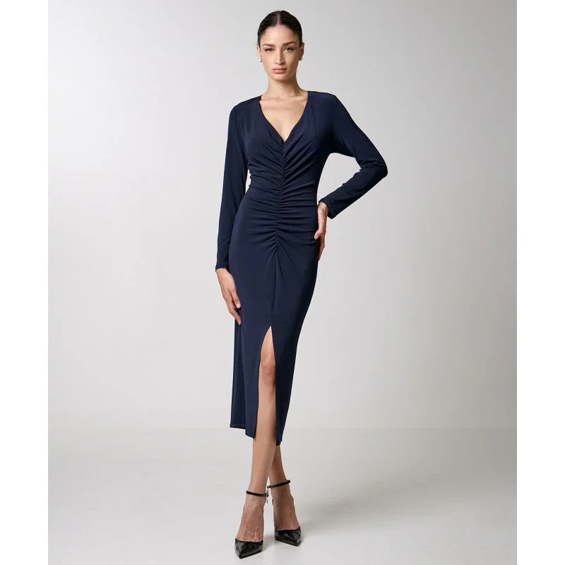 Access Fashion Navy Front Gathered Midi Dress