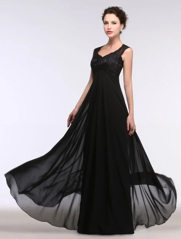 Black Evening Dress Lace Sweatheart Maxi Party Dress A Line Sleeveless Floor Length Mother'S Dress