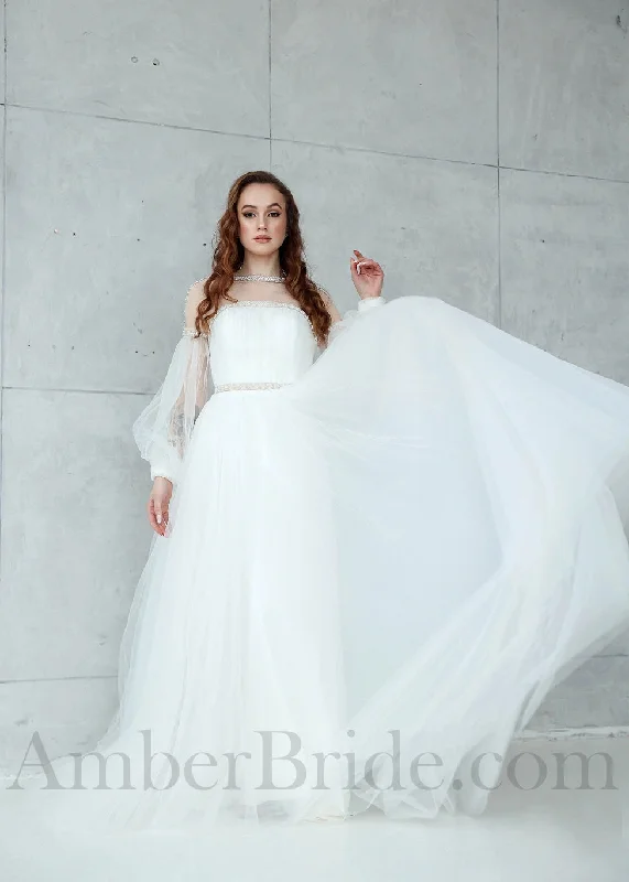 Boho A Line Long Bishop Sleeve Tulle Wedding Dress with Beaded Design