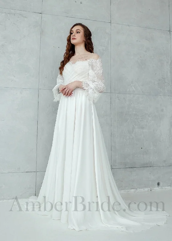 Boho Chiffon Wedding Dress with Long Puffy Sleeves and Flower Lace Appliques