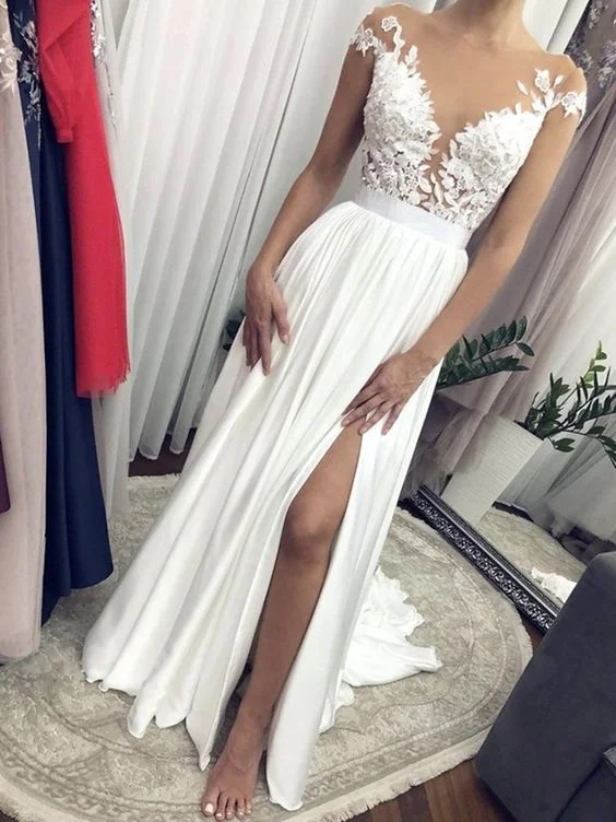 Cap Sleeves Round Neck White Lace Long Wedding Dresses, Cap Sleeves White Lace Formal Evening Prom Dresses C301