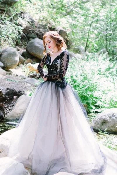 Charming Black Lace Puffy Prom Dress,Long Sleeves Open Back Tulle Wedding Dress DM794