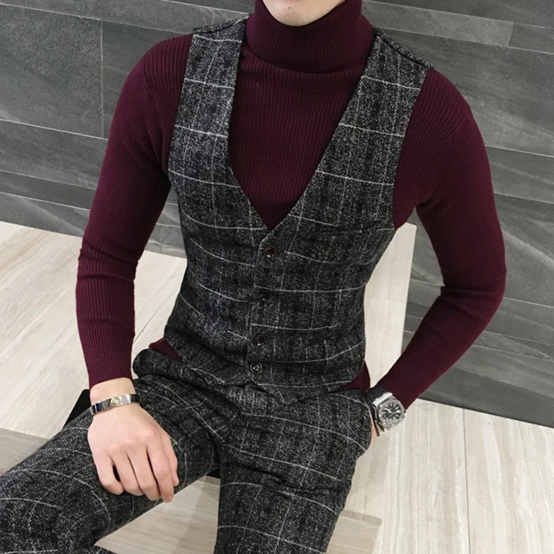 CINESSD    Fine cotton Fashion high-quality goods Men's grid formal wedding dress waistcoat suit vest Male Thick grid business suit vests