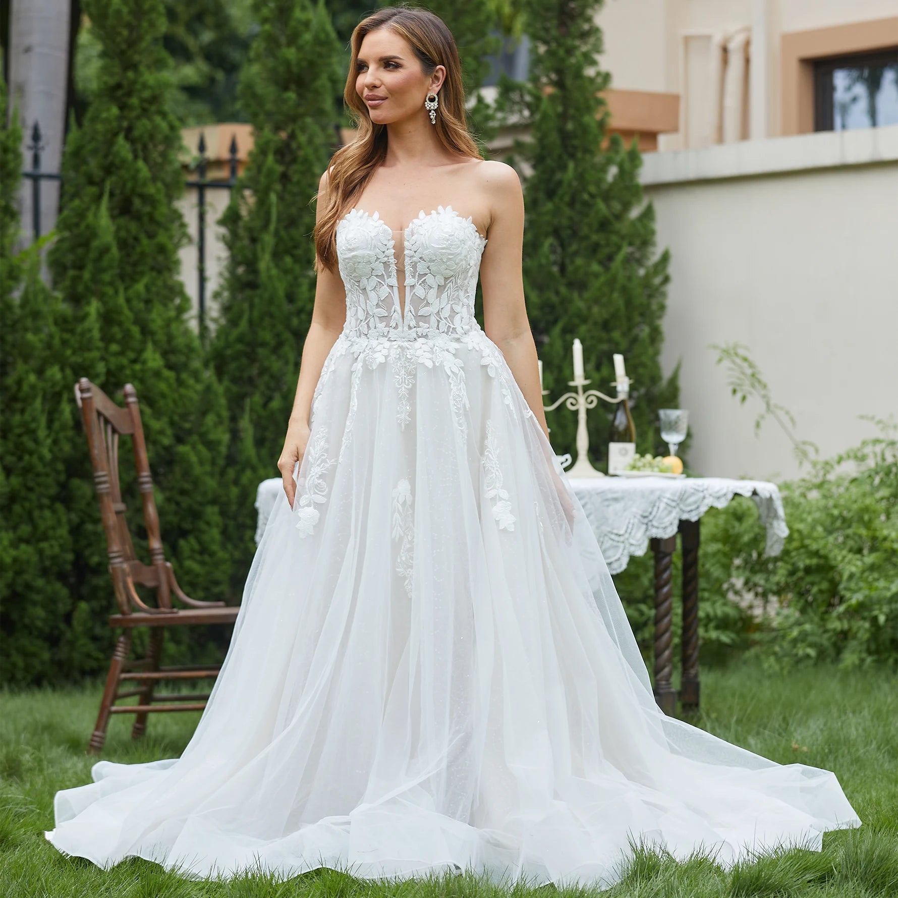 Wedding Dresses for Women Sleeveless Deep V-Neck Sparkly Bridal Gowns