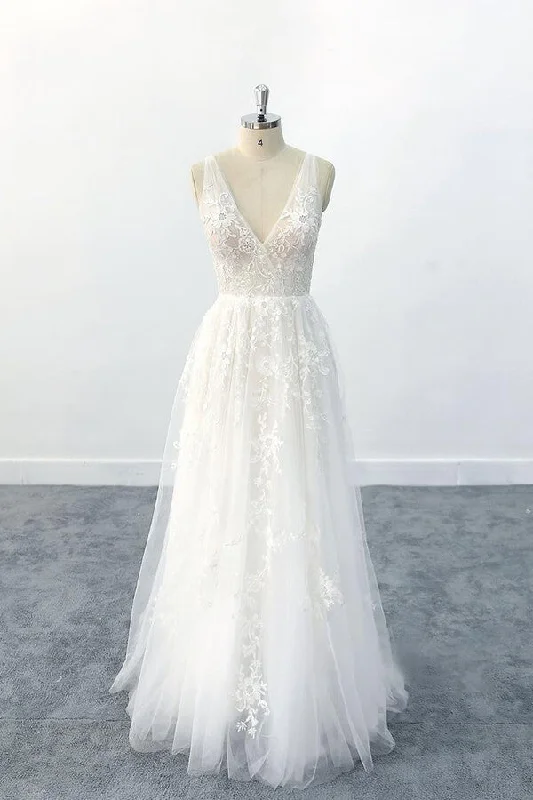 Elegant Long  A-line V-neck Appliques Tulle Backless Wedding Dress