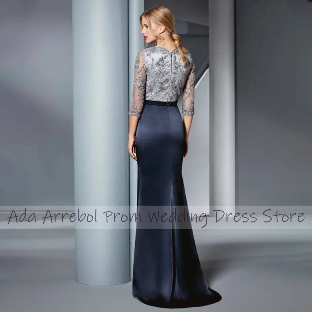 Elegant Mother of the Groom Dresses Mermaid 3/4 Sleeves Formal Evening Gowns Long Beaded Applique Belt Women's Party Dress Satin