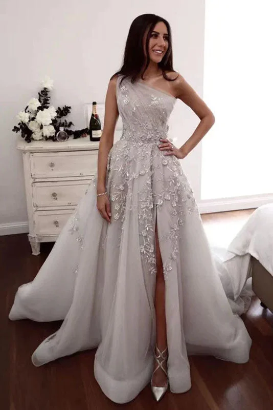 Elegant One Shoulder Floral Appliques A-line Wedding Gowns, Newest Long Prom Dresses DM1945