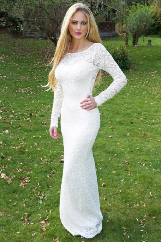 Formal Ivory Long Sleeves Long Sheath Lace Prom Dress Wedding Party Dress