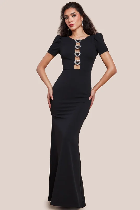 Goddiva Diamante Embellished Heart Brooch Scuba Maxi Dress - Black