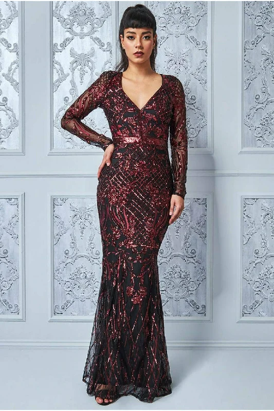 Goddiva Full Sleeve Sequin Evening Dress - Wine