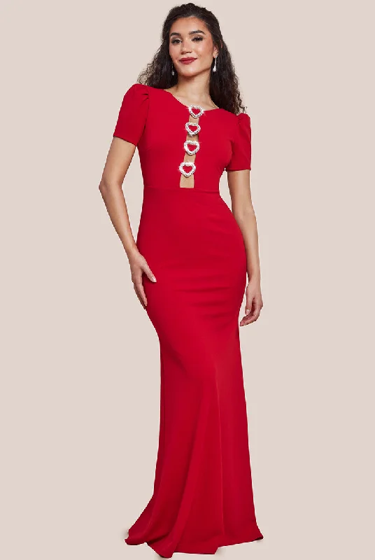 Goddiva Diamante Embellished Heart Brooch Scuba Maxi Dress - Red