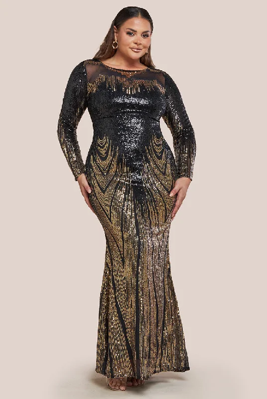 Goddiva Plus Long Sleeve Aztec Sequin Maxi Dress - Gold