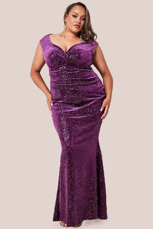 Goddiva Plus Sequin & Velvet Bardot Maxi Dress - Purple