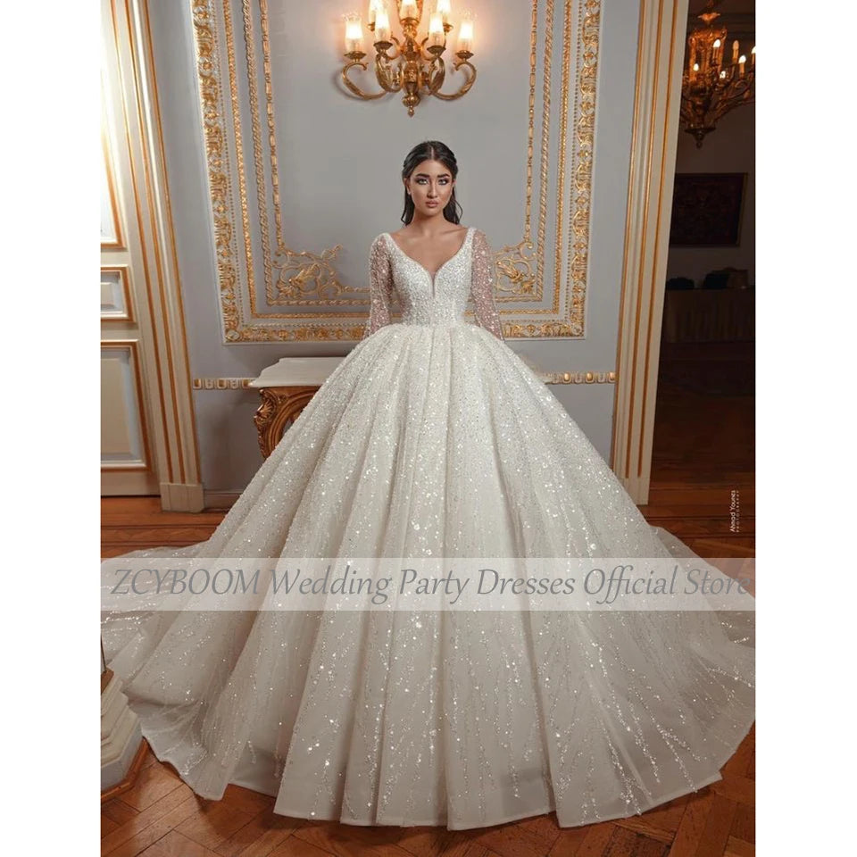 Long Sleeves Wedding Dress Ball Gown Floor Length Sweep Train Tulle Zipper