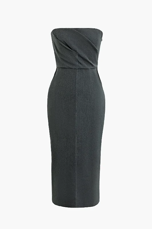 Solid Slit Ruched Strapless Midi Dress