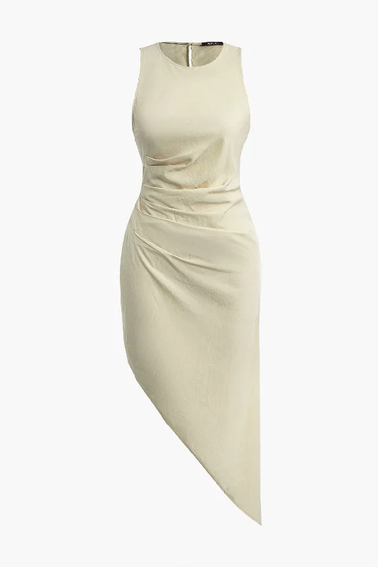 Ruched Sleeveless Asymmetric Hem Midi Dress