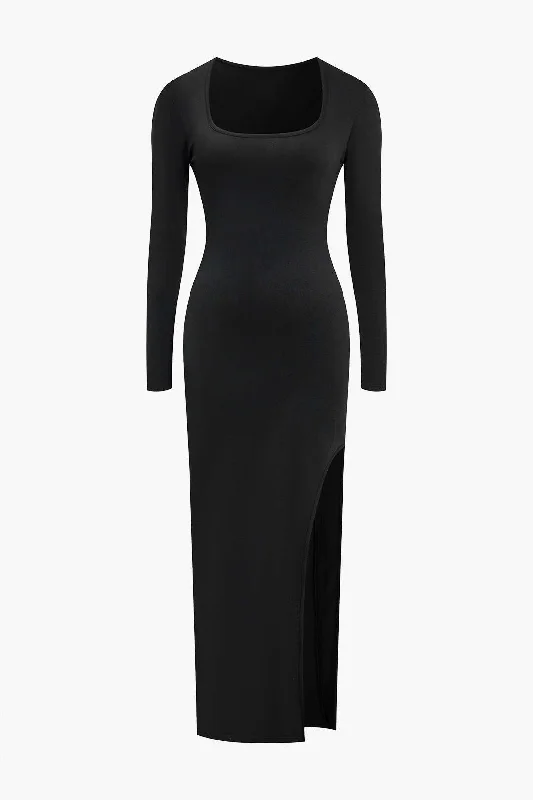 Solid High Slit Square Neck Midi Dress