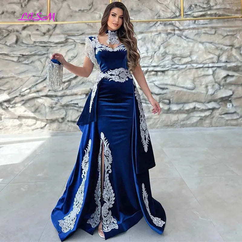 Moroccan Caftan Evening مجموعة أروين   Appliques Lace Cap Sleeve Royal Blue Mermaid Slit Velvet Arabic Prom Gowns Party Dress