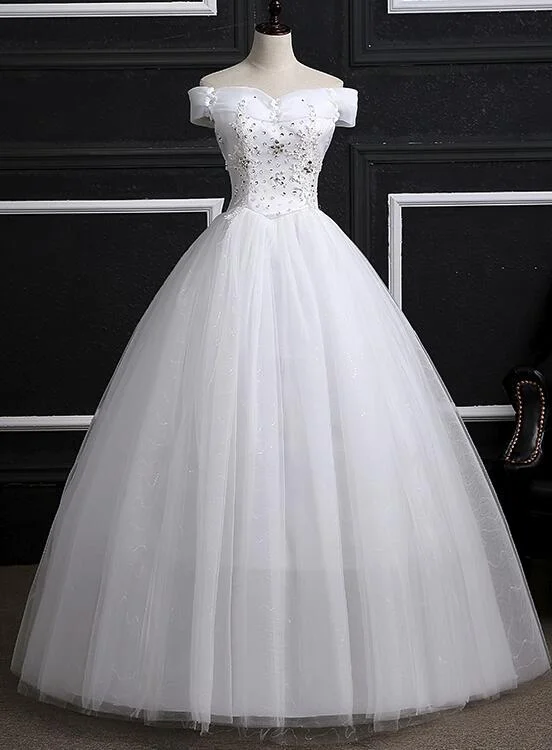 Off Shoulder Wedding Gowns, Pretty White Sweet 16 Dresses, Formal Gowns