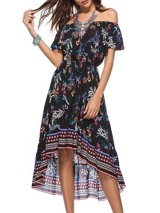 Print Asymmetric Off-the-shoulder Bohemia Midi Dress