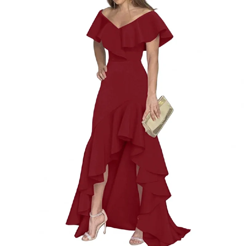 Ruffle Off Shoulder Maxi Evening Party Dress with high low hem