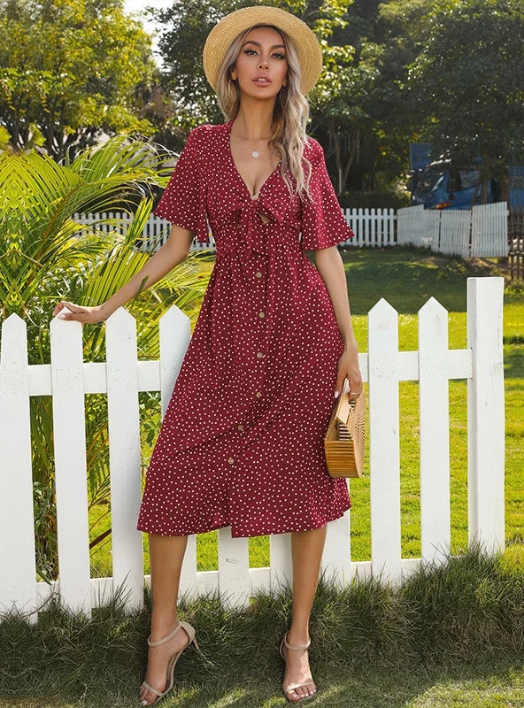 Summer Polka-dot Bandage Bowknot Bohemia Midi Dresses