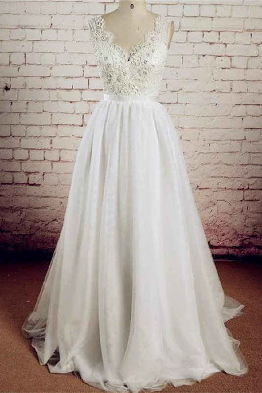 V-neck Ivory Lace Beading Long Handmade A-line Tulle Wedding Dresses W28