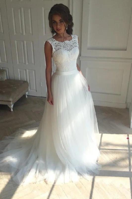 White Lace Sleeveless Wedding Dresses,Sexy Tulle A Line Long Bridal Gowns DM390