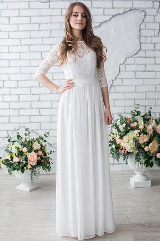 White Long Half Sleeve Chiffon Wedding Dress,Lace Beach Floor-Length Bridal Dress DM618