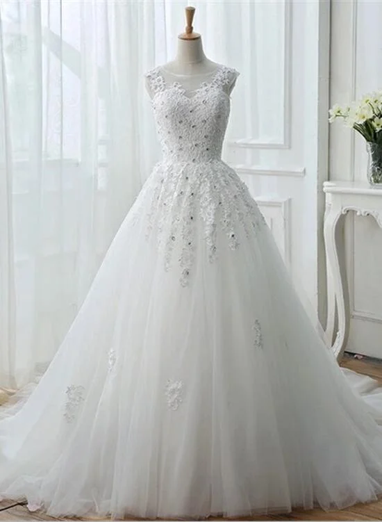 White Tulle Lace Wedding Gowns, Pretty Sweet 16 Dresses, White Prom Dresses