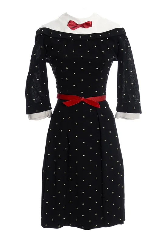 1950's Vintage Dress Florence Black with White Polka Dots and Red Bows