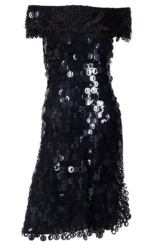 1990s Black Evening Dress w/ Large Teardrop & Circle Paillettes