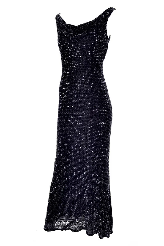 1990s Carmen Marc Valvo Black Beaded Evening Dress with Drop Neckline Size Small