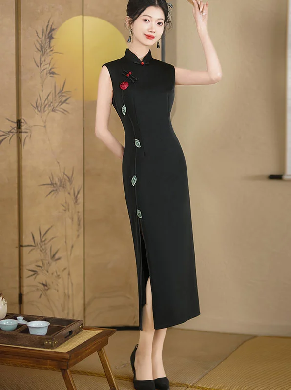 2024 Black Embroidered Cheongsam Qipao Dress