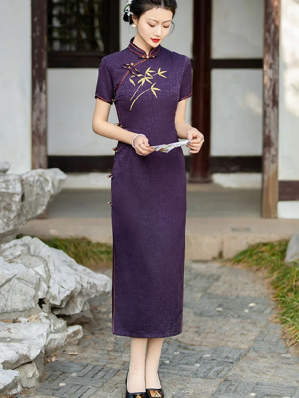 2024 Purple Embroidered Bamboo Cheongsam Qipao Dress