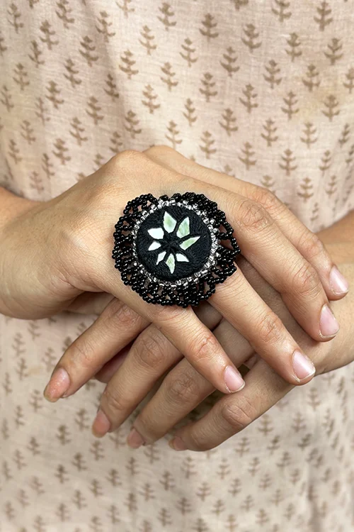 Antarang- Chandani (Black) Bead Jumki Ring,  100% Cotton. Hand Made By Divyang Rural Women.