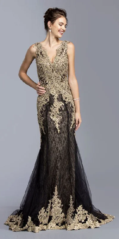 Aspeed L2009 Appliqued Long Mermaid Dress V-Neck