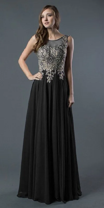 J&J Fashion 3025 Long Prom Dress with Appliqued Bodice