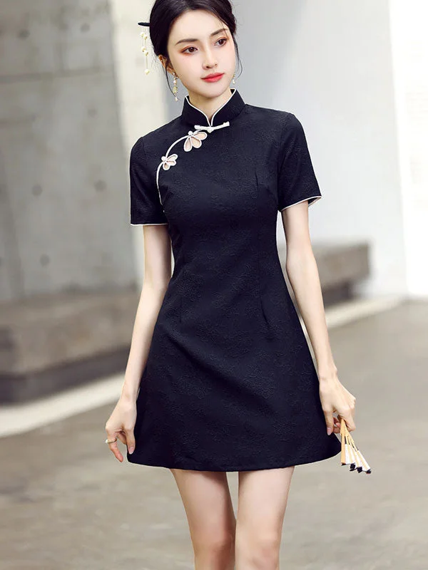 Black Pink Jacquard Hole Cheongsam Qipao Dress