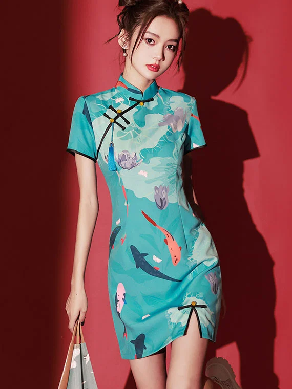 Blue Chinese Painting Print Cheongsam Qipao Dress