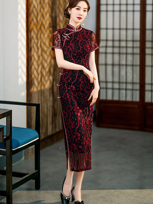 Blue Red Velvet Mothers Max Cheongsam Qi Pao Dress