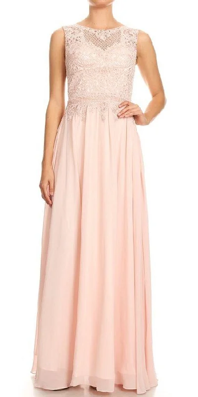 J&J Fashion 3071 Appliqued Bodice Long Formal Dress Sleeveless