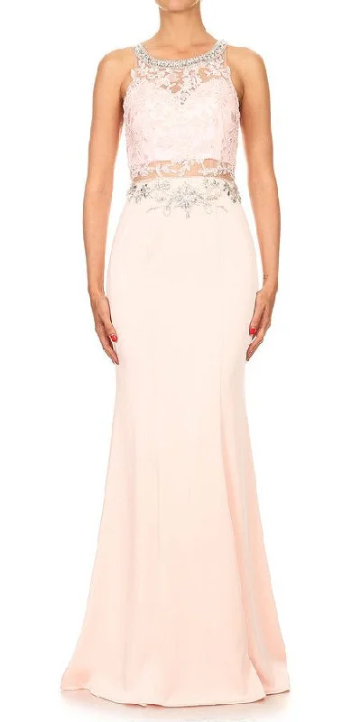 J&J Fashion 3058 Long Formal Dress with Sheer Lace Midriff