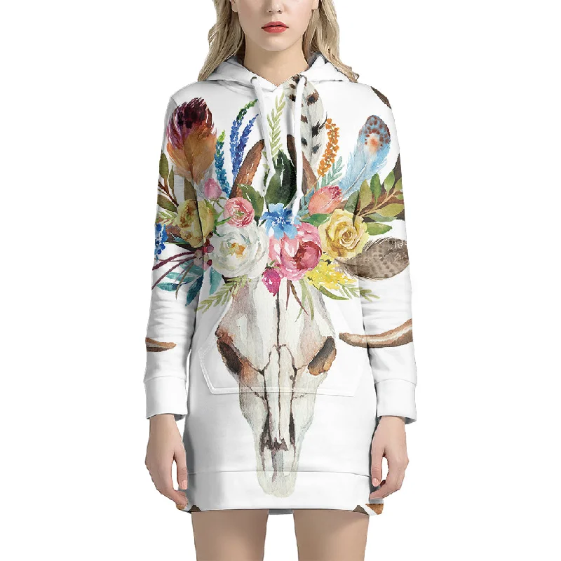 Boho Floral Deer Skull Print Pullover Hoodie Dress