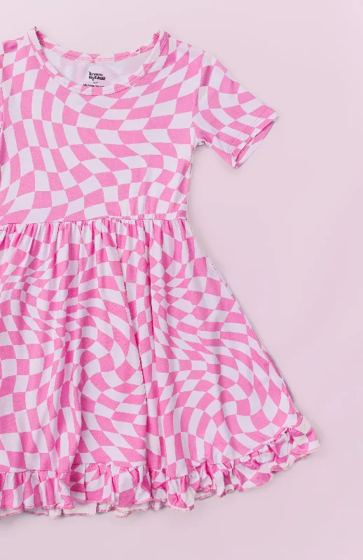 BUBBLEGUM WAVY CHECKERS DREAM RUFFLE DRESS