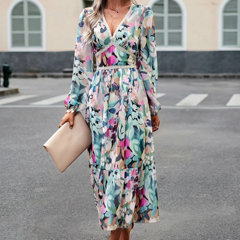 JuliaFashion-Casual Vintage Print Long Sleeve Boho Dress