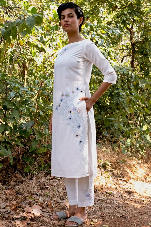 Okhai 'White Dove' Organic Cotton Hand Embroidered Kurta Pant Set