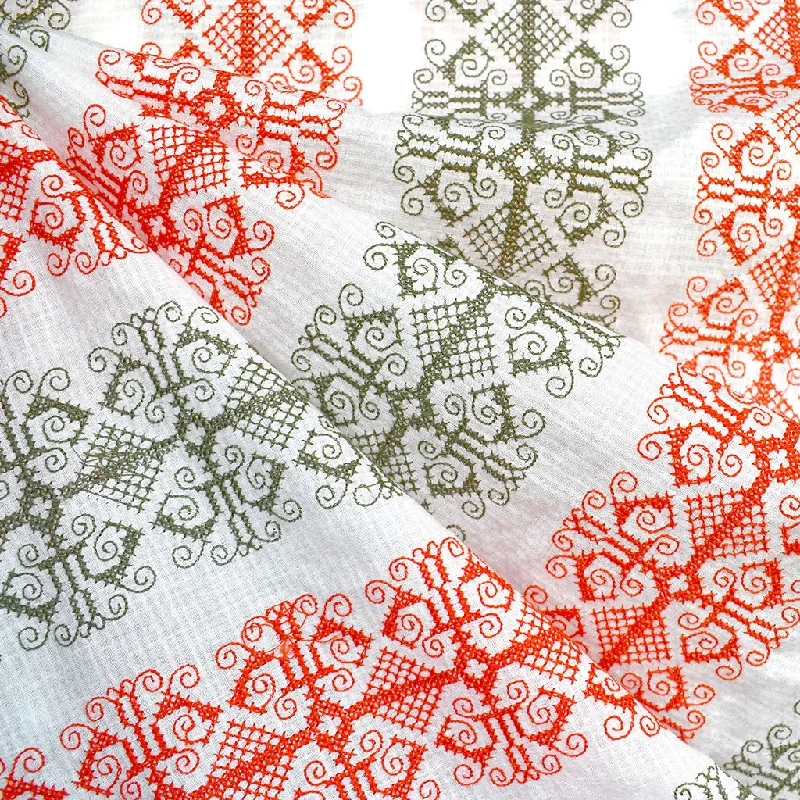 Cross Stitched Textured Cotton Voile Vanilla/Red/Olive