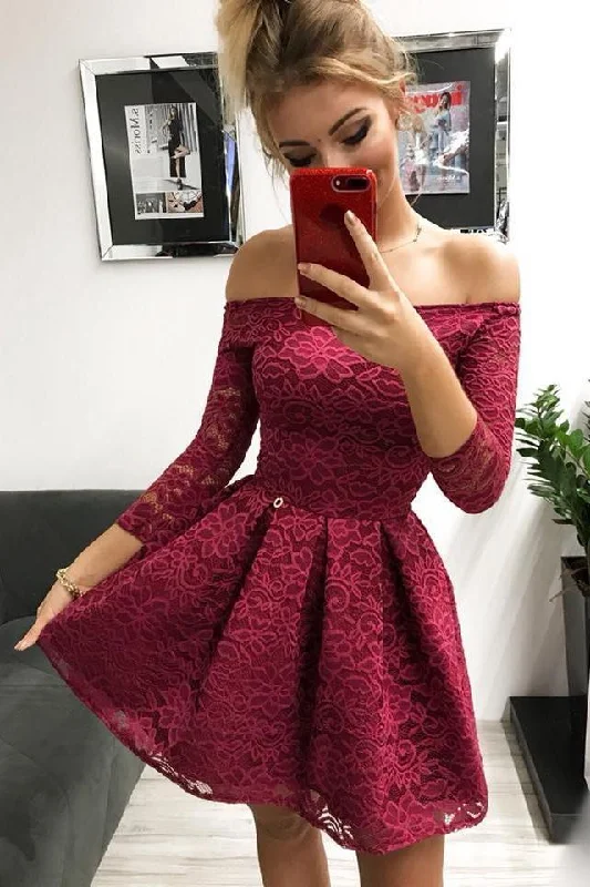 Cute Off the Shoulder Long Sleeves Burgundy Lace Homecoming Dresses Sweet 16 Dresses