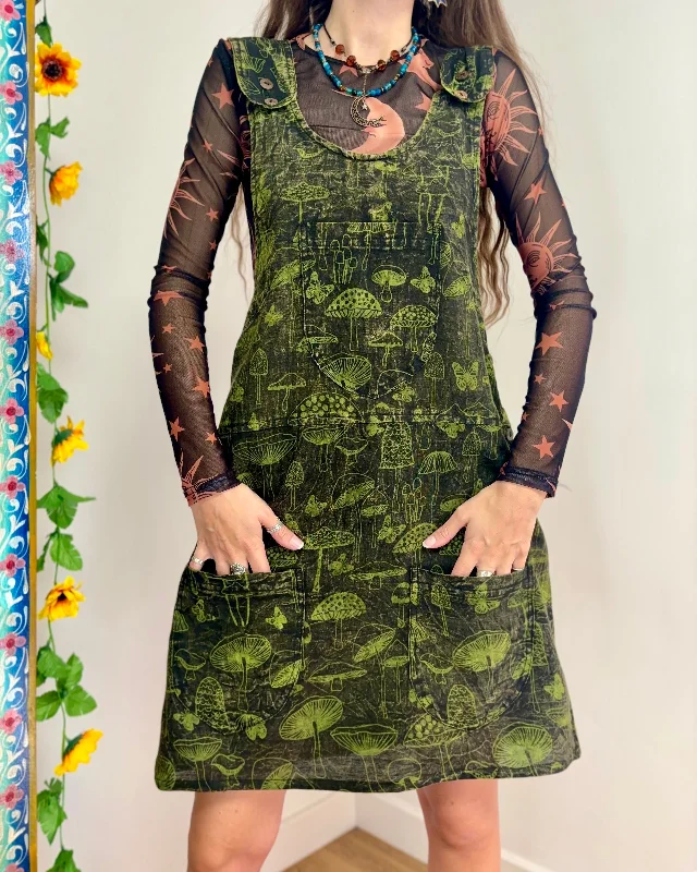 Earthy Green Mushroom Pinafore Dress S/M